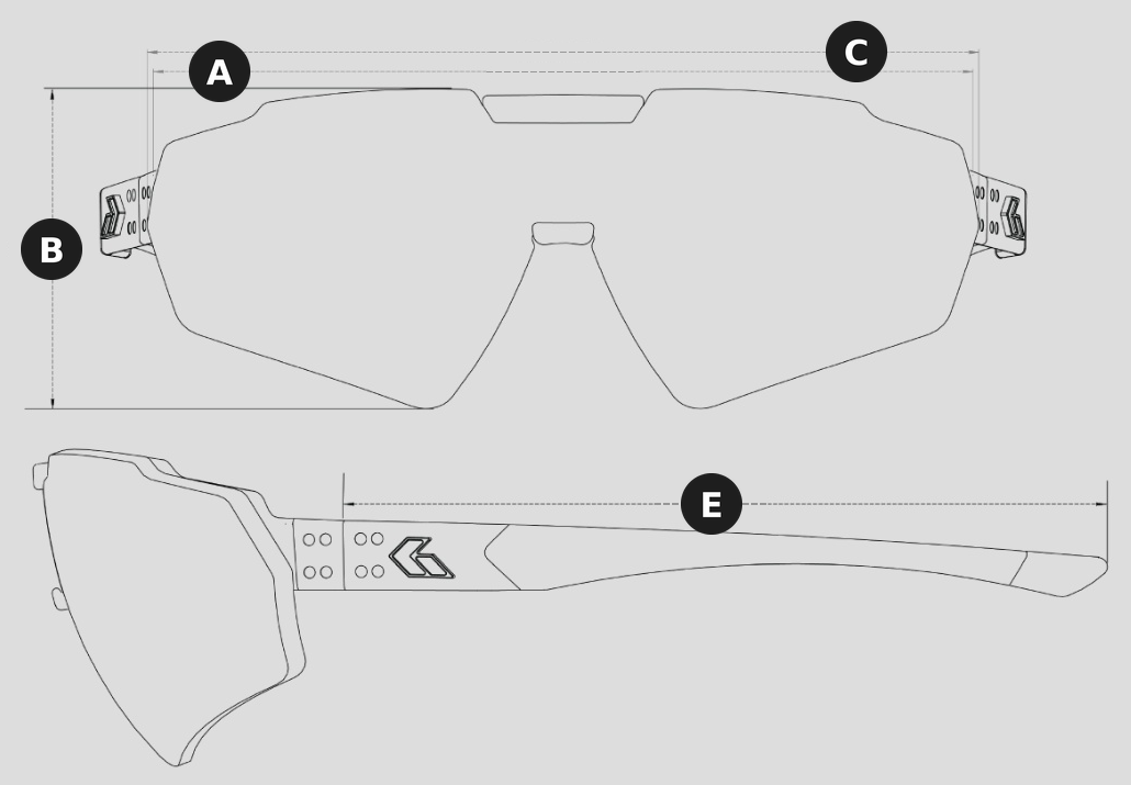 Blastshield B2 frame size diagram: A frame width, B lens height, C lens width, E temple length