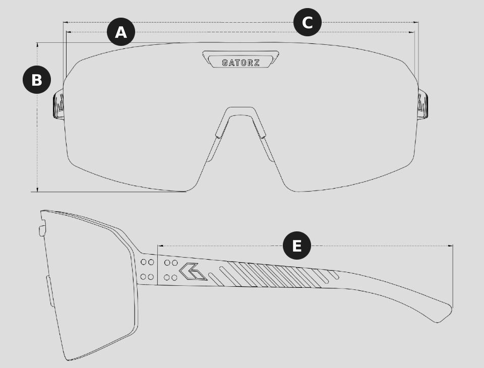 Havok frame size diagram: A frame width, B lens height, C lens width, E temple length