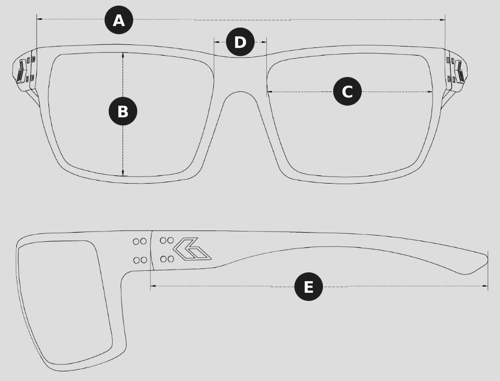 Marauder frame size diagram: A frame width, B lens height, C lens width, D bridge width, E temple length