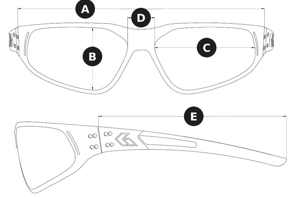 Revenant frame size diagram: A frame width, B lens height, C lens width, D bridge width, E temple length